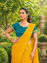 Kanaka Manjari โ Mustard Yellow Designer Saree with Teal Embroidered Blouse | Glow & Glitter Boutique
