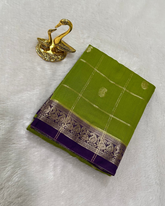 Assam silk saree Olive Green With Purple Thin Border | Glow & Glitter Boutiuqe