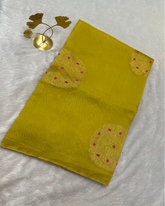 Premium Kora organza silk saree Lemon Green Shade Border less | Glow & Glitter Boutique