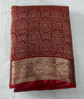 Banaras Brocade Silk Saree With Satin Border Deep Red & Gold Zari Design | Glow & Glitter Boutique