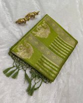Semi Banaras Silk Saree Parrot Green With Elephant Design | Glow & Glitter Boutique