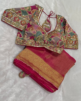 Designer Silk Saree Tissue Mix Rose Pink Antique Gold Zari With Ready Made Blouse | Glow & Glitter Boutique
