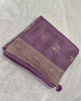 Designer Silk Saree Tissue Mix Lavender Antique Gold Zari With Ready Made Blouse | Glow & Glitter Boutique