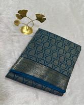 Banaras Brocade Crushed Silk Deep Teal Blue With Zari Border | Glow & Glitter Boutique