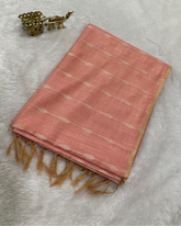 Linen Tissue Linen Silk Peach Shade with Gold Zari Border | Glow & Glitter Boutique