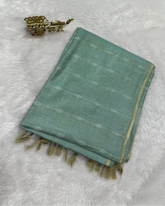 Linen Tissue Linen Silk Sky Blue Shade with Gold Zari Border | Glow & Glitter Boutique