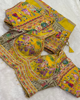 Designer Silk Saree Mustard Yellow Heritage Folk Art Work With Ready Made Blouse | Glow & Glitter Boutique