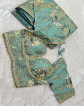 Designer Silk Saree Sea Green Floral Jaal Zari Design With Ready Made Blouse | Glow & Glitter Boutique