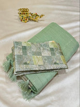 Linen Silk saree with designer blouse Pastel Pista Green Color | Glow & Glitter Boutique