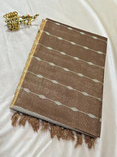Tissue Linen Silk Mocha Brown with Antique Gold Zari Border | Glow & Glitter Boutique
