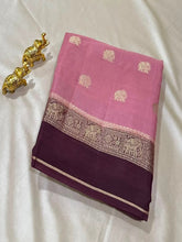 Vintage style viscose silk saree Lotus Pink with Deep Plum Elephant Zari Border | Glow & Glitter Boutique