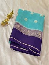 Vintage viscose silk saree Aqua Blue with Royal Purple Elephant Zari Border | Glow & Glitter Boutique