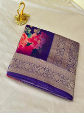 Banaras digital silk saree Royal Purple with Silver Zari Border | Glow & Glitter Boutique
