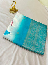 Banaras digital silk saree Ivory white with Aqua blue shade border | Glow & Glitter Boutique