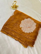 Organza appliquรฉ work saree Gold Color | Glow & Glitter Boutique