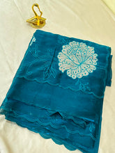 Organza appliquรฉ work saree Peacock Blue | Glow & Glitter Boutique