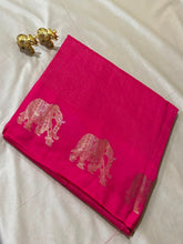 Vintage style viscose silk saree Hot Pink with Gold Zari Elephant Border | Glow & Glitter Boutique