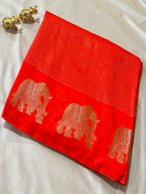 Vintage style viscose silk saree Vermilion Orange with Gold Zari Elephant Border | Glow & Glitter Boutique