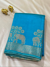 Semi Tussar Silk Saree Aqua Blue with Gold Zari Elephant Border | Glow & Glitter Boutique