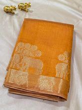 Semi Tussar Silk Saree Golden Mustard with Antique Gold Zari Elephant Border | Glow & Glitter Boutique