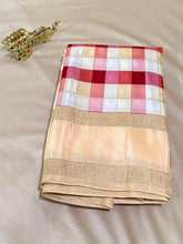 Premium Kanchi silk saree Rani Pink & Cream Checks with Ivory Zari Border | Glow & Glitter Boutique
