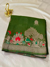 Matka Tussar silk Olive Green Mix with Gold Zari & Multicolor Border | Glow & Glitter Boutique