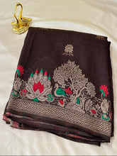Matka Tussar Silk Dark Chocolate Brown Shade With Gold Zari | Glow & Glitter Boutique