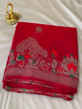 Matka Tussar Silk Cherry Red Shade With Gold Zari & Multicolor Border | Glow & Glitter Boutique