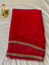 Shimmer Silk Saree Red Shade with Antique Gold Zari Border | Glow & Glitter Boutique