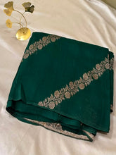 Matka Tussar Silk Bottle Green with Gold Zari Floral Border | Glow & Glitter Boutique