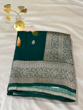 Banaras Digital Silk Saree Emerald Green with Gold Zari Border | Glow & Glitter Boutique