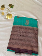 Banaras Georgette Silk Saree Turquoise Blue with Antique Copper Zari Border | Glow & Glitter Boutique