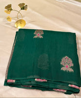 Matka Tussar Silk Bottle Green Shade With Pink Gold Buttas | Glow & Glitter Boutique