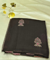 Matka Tussar Silk coco brown with Gold Silver Buttas | Glow & Glitter Boutique