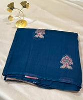 Matka Tussar Silk Steel Blue with Pink Gold Buttas | Gow & Glitter Boutique