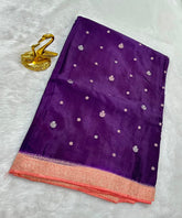 Banaras crepe silk saree Purple Shade & Peach color Thin Border | Glow & Glitter Boutique
