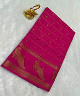 Semi Tussar silk Saree Rani Pink With Peacock Gold Border | Glow & Glitter Boutique