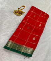 Assam silk saree Red With Teal Green Thin Border | Glow & Glitter Boutiuqe