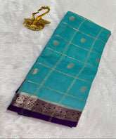Assam silk saree Sky Blue With Purple Thin Border | Glow & Glitter Boutiuqe