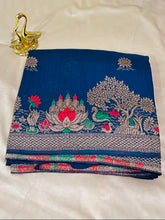 Matka Tussar Silk Peacock Blue with Gold Zari & Multicolor Border | Glow & Glitter Boutique
