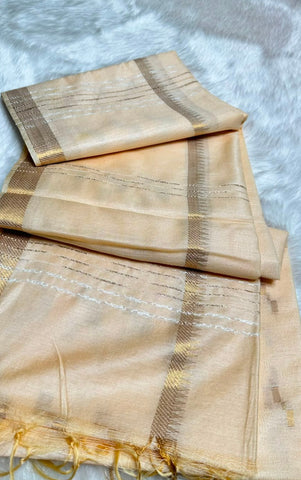 Kerala Traditional Kasavu saree with Gold Zari lines & Minimal Border | Glow & Glitter Boutique