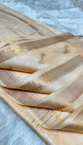 Kerala Traditional Kasavu saree with Gold Zari lines & Minimal Border | Glow & Glitter Boutique