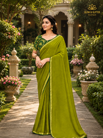 Olive Elegance Designer Saree | Glow & Glitter Boutique