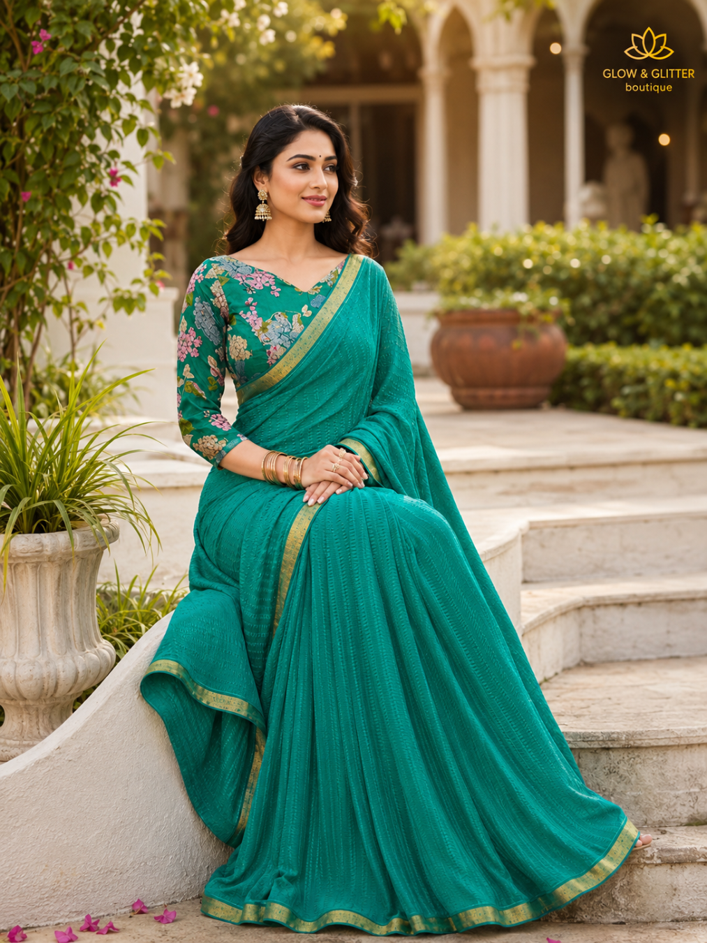 Teal Grace Designer Saree | Glow & Glitter Boutique