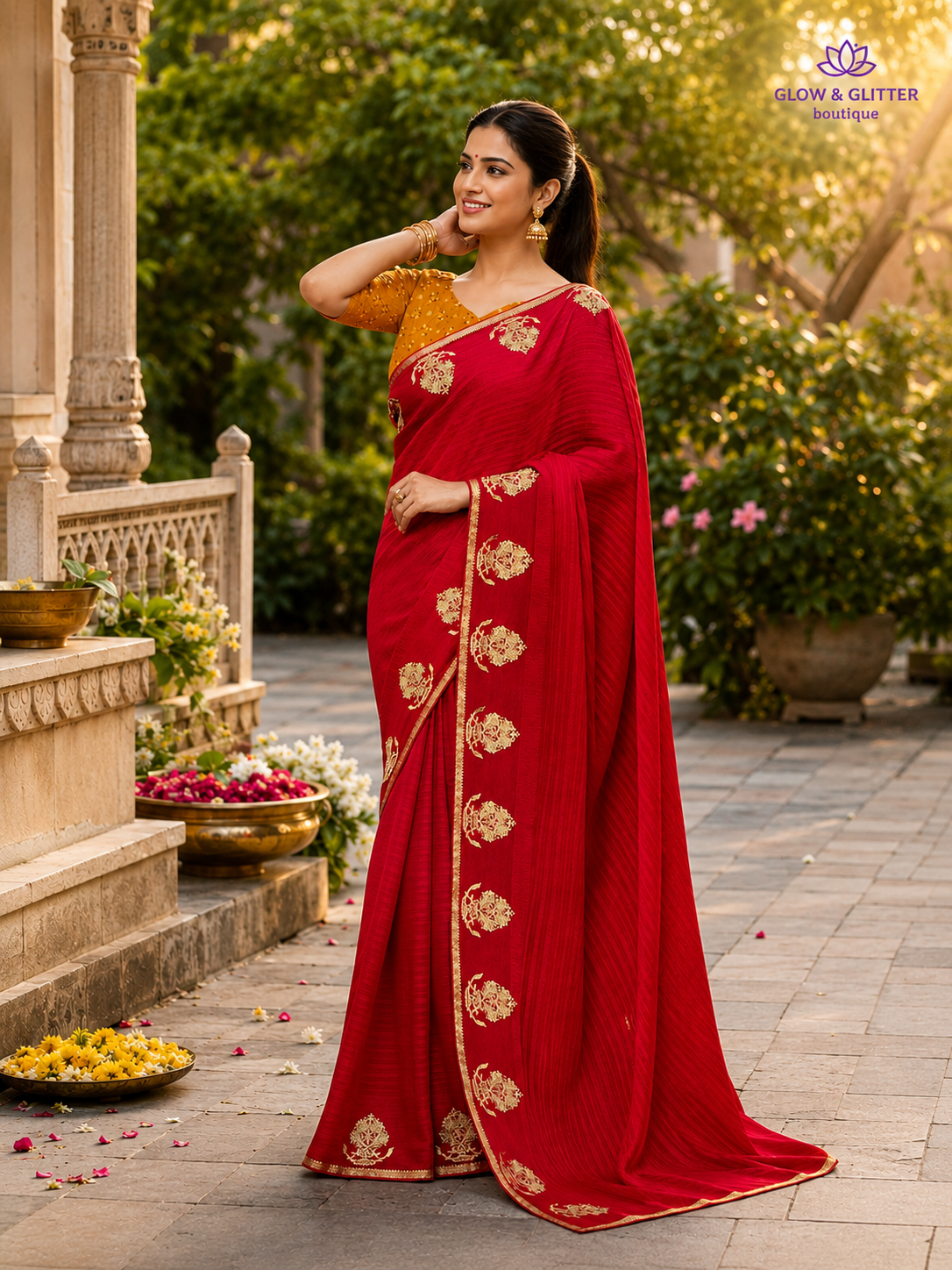 Crimson Red Gold Motif Designer Saree | Glow & Glitter Boutique