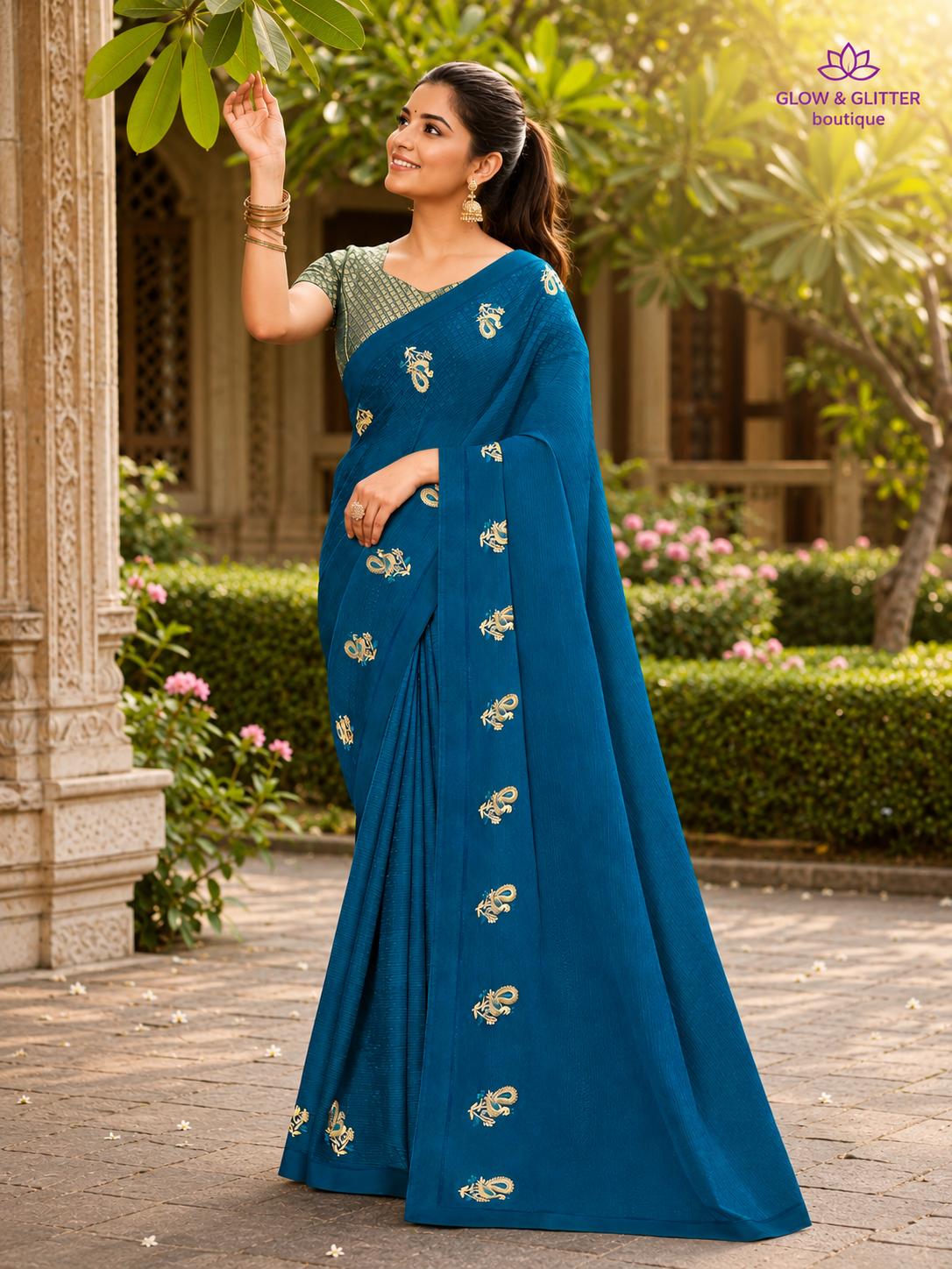Neel Mayuri – Peacock Blue Embroidered Designer Saree | Glow & Glitter Boutique