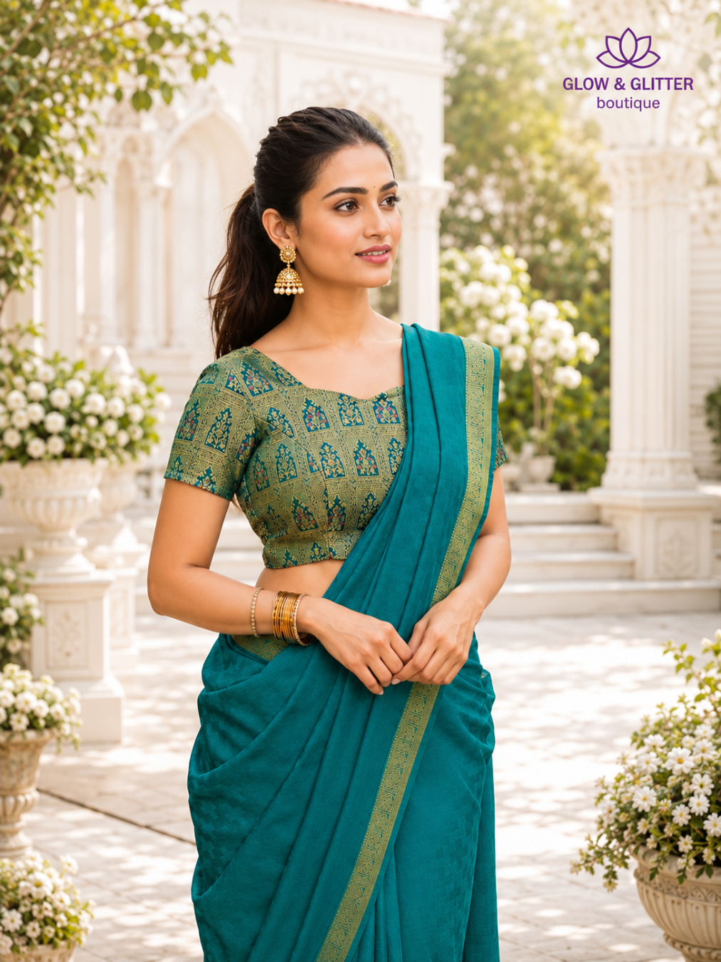 Teal Maharani Jacquard Designer Saree with Antique Gold Border | Glow & Glitter Boutique
