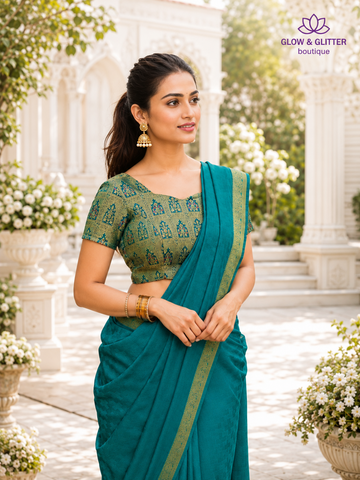 Teal Maharani Jacquard Designer Saree with Antique Gold Border | Glow & Glitter Boutique