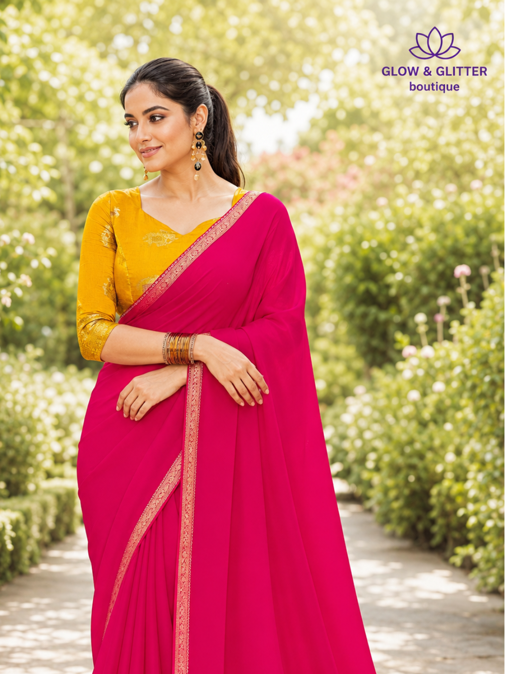 Pink Aura Heritage Saree with Antique Gold Border | Glow & Glitter Boutique