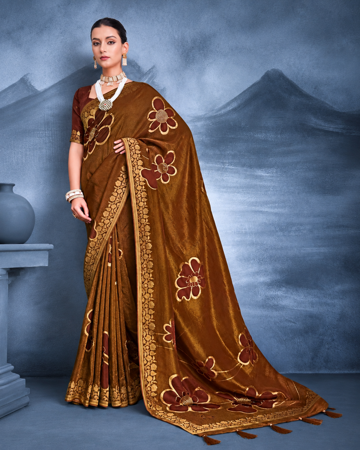 Designer Banaras Silk Dark Coffee Brown with Golden Olive Undertones | Glow & Glitter Boutique